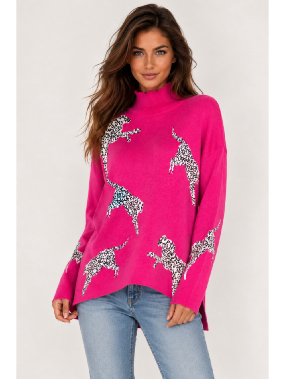 SHEIN Pink Dalmatian Dog Sweater Mock Neck Oversized Dopamine Preppy Y2K Knit M